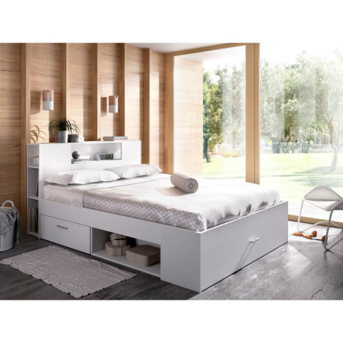 Vente-Unique - Lit avec tête de lit rangements et tiroirs - 160 x 200 cm - Coloris : Blanc + Sommier + Matelas - LEANDRE Vente-Unique  - Tete de lit bois 140 cm