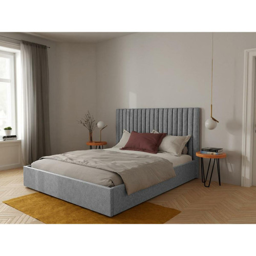 Vente-Unique - Lit coffre 160 x 200 cm avec tête de lit coutures verticales - Tissu - Gris - SARAH - Meuble rangement 20 cm profondeur