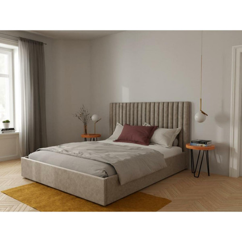 Vente-Unique - Lit coffre 160 x 200 cm avec tête de lit coutures verticales - Tissu - Beige - SARAH - Literie Vente-Unique