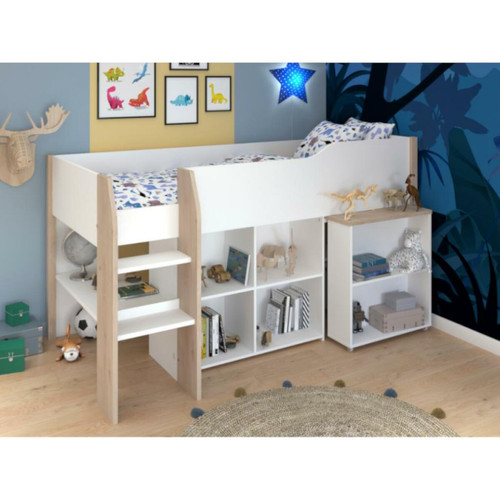 Vente-Unique - Lit combiné MARIA - Avec bureau et rangements - 90 x 200 cm - Coloris : blanc et chêne + matelas - Lit enfant avec bureau