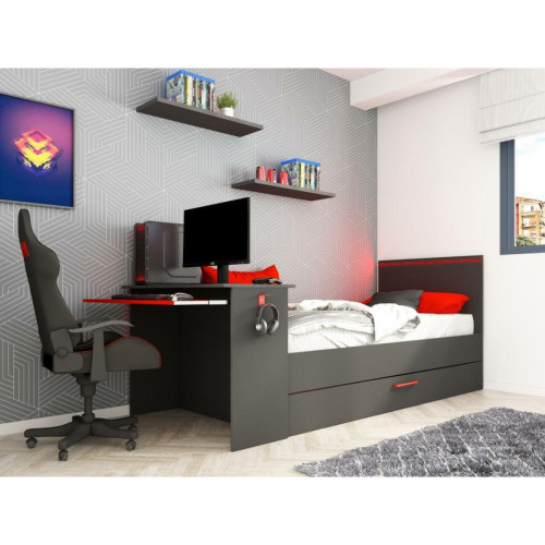 Vente-Unique - Lit gigogne gamer 90 x 200 et 90 x 190 cm - Avec bureau - LEDs - Anthracite et rouge - VOUANI - Ensembles de literie