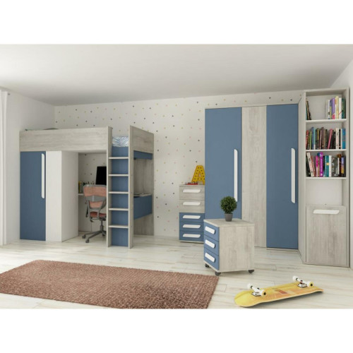 Lit enfant Vente-Unique Lit mezzanine 90 x 200 cm avec armoire et bureau - Bleu et blanc + matelas - NICOLAS
