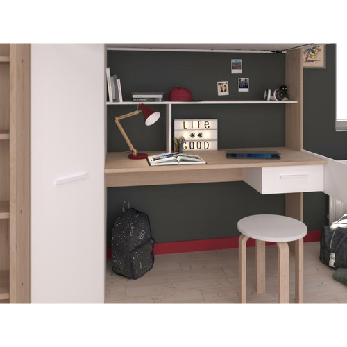 Lit enfant Lit mezzanine avec bureau et armoire - 90 x 200 cm - Coloris : Blanc et naturel + matelas - AUCKLAND