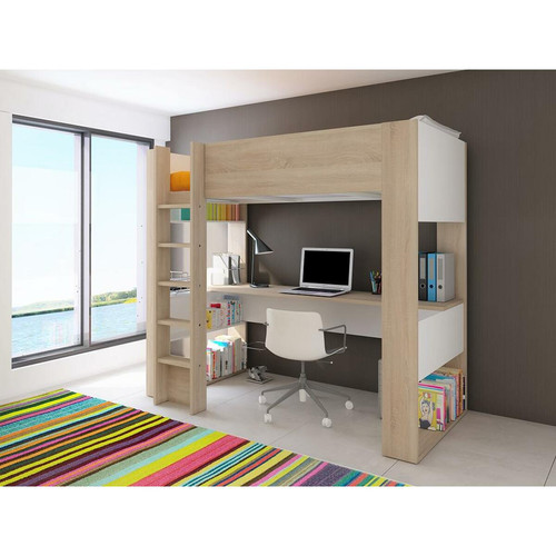 Lit enfant Vente-Unique Lit mezzanine avec bureau et rangements intégrés - 90 x 200 cm - Chêne et blanc - NOAH II