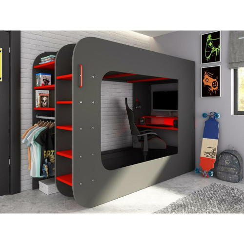 Vente-Unique - Lit mezzanine gamer 90 x 200 cm - Avec bureau et rangements - Avec LEDs - Anthracite et rouge -  WARRIOR - Chambre Enfant