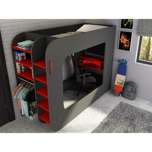 Vente-Unique Lit mezzanine gamer 90 x 200 cm - Avec bureau et rangements - Avec LEDs - Anthracite et rouge + matelas - WARRIOR