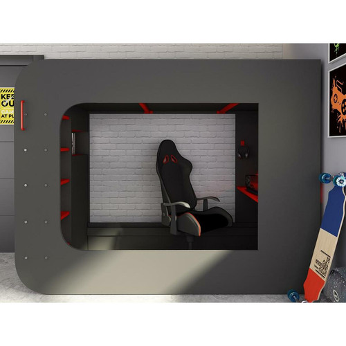 Lit enfant Lit mezzanine gamer 90 x 200 cm - Avec bureau et rangements - Avec LEDs - Anthracite et rouge + matelas - WARRIOR