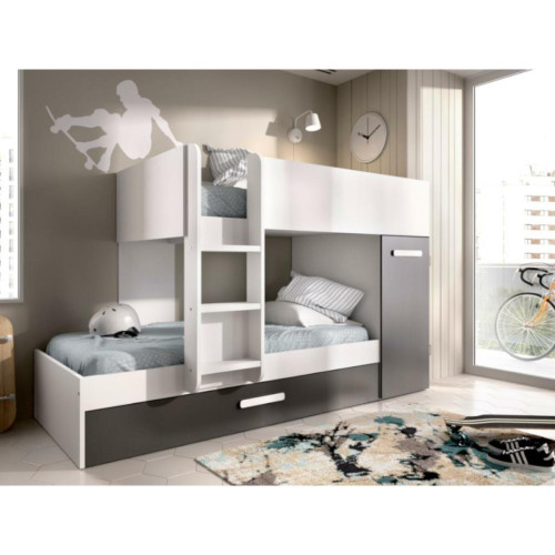 Vente-Unique - Lits superposés avec tiroir lit gigogne et rangements 3 x 90 x 190 cm - Anthracite et Blanc - ANTHONY - Lit enfant avec tiroir Lit enfant