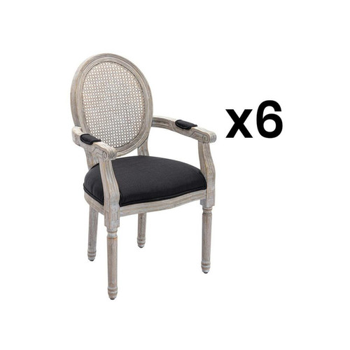 Vente-Unique - Lot de 6 chaises avec accoudoirs - Cannage, tissu et bois d'hévéa - Noir - ANTOINETTE Vente-Unique  - Cannage chaise Chaises