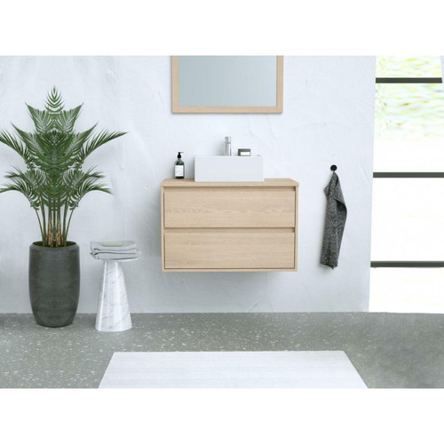 Vente-Unique - Meuble de salle de bain suspendu avec vasque à poser - Placage chêne - 80 cm - MILIPAM - Meuble rangement 25 cm profondeur