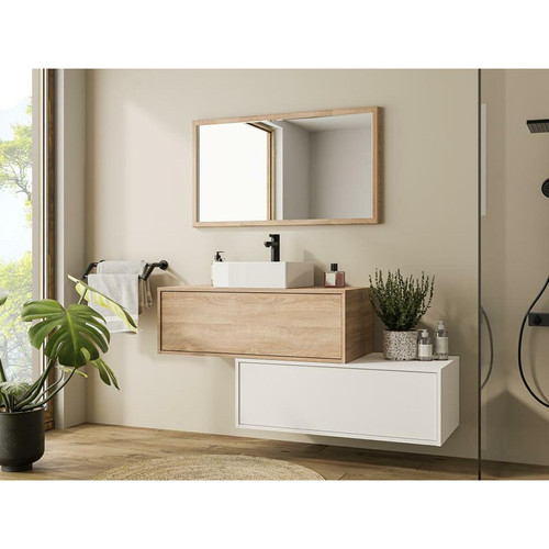 Vente-Unique - Meuble de salle de bain suspendu blanc et naturel clair avec simple vasque et deux tiroirs - TEANA - Meuble rangement 25 cm profondeur