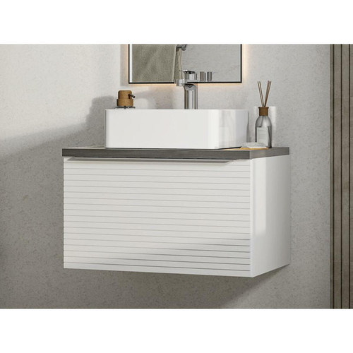 Vente-Unique - Meuble de salle de bain suspendu strié blanc avec simple vasque à poser - 60 cm - LATOMA Vente-Unique  - meuble bas salle de bain Cendre