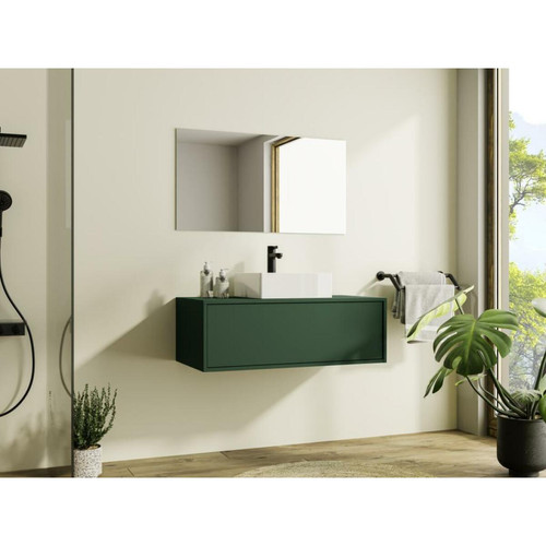 Vente-Unique - Meuble de salle de bain suspendu vert mat avec simple vasque - TEANA - Meuble rangement 25 cm profondeur