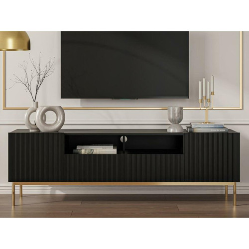 Meuble TV avec 2 portes, 2 tiroirs et 2 niches en MDF et acier - Noir et doré - EVILANA Vente-Unique