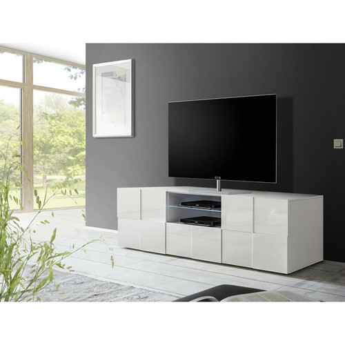 Vente-Unique - Meuble TV CALISTO - LEDs - 2 portes & 1 tiroir - Blanc laqué Vente-Unique  - Meubles TV, Hi-Fi