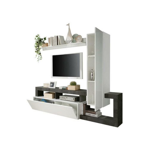 Meubles TV, Hi-Fi Mur TV avec 2 portes et 3 niches - Blanc laqué et béton - SEFRO