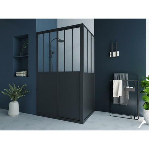 Vente-Unique Paroi de douche avec porte coulissante noir mat style industriel - 120 x 80 x 195 cm - URBANIK