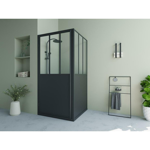 Cabine de douche Vente-Unique Paroi de douche avec porte pivotante noir mat style industriel - 80 x 195 cm - URBANIK