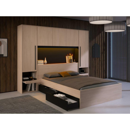 Vente-Unique - Pont de lit avec rangements - Avec LEDs - L265 cm - Coloris : Naturel et noir - VELONA Vente-Unique   - Têtes de lit