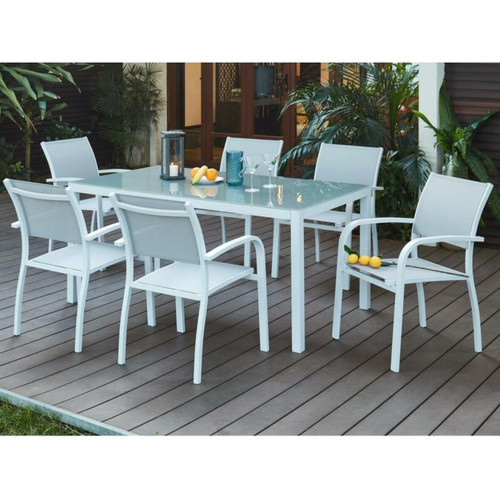 Ensembles tables et chaises Vente-Unique Salle à manger de jardin  en aluminium - une table + 6 fauteuils - Assise grise - PAIA
