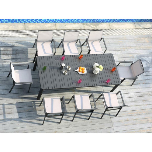 Vente-Unique Salle à manger de jardin noire en aluminium - Table L. 229 cm + 8 fauteuils gris et noir - MENDOZA