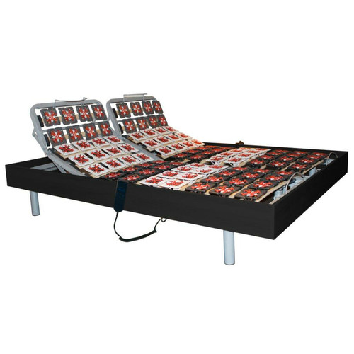 Vente-Unique Sommier électrique de relaxation 2x48 plots déco bois noir - 2 x 70 x 190 cm - moteurs OKIN - NAFURI de DREAMEA