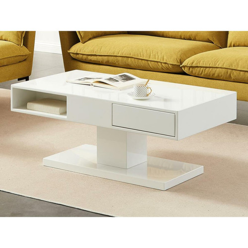 Tables d'appoint Vente-Unique Table basse avec plateau pivotant, 2 tiroirs et 2 niches - MDF - Blanc laqué - ILYA