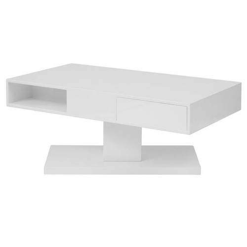 Tables d'appoint Table basse avec plateau pivotant, 2 tiroirs et 2 niches - MDF - Blanc laqué - ILYA