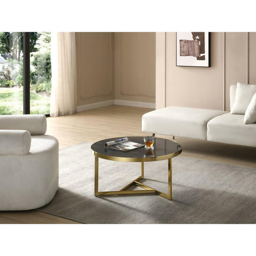 Vente-Unique - Table basse en marbre et métal - Noir et doré - ROBURTA - Tables basses Ronde