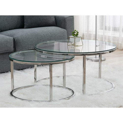 Vente-Unique - Tables basses gigognes en verre trempé et acier inoxydable - Coloris : Argent - MAEVANE - Tables basses Non relevable