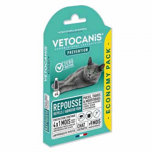 Vetocanis - VETOCANIS 4 Pipettes Anti-puces et anti-tiques - Pour Chat - 4x 1 mois de protection Vetocanis   - Anti-parasitaire pour chien Vetocanis