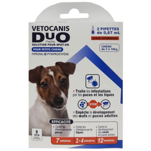 Vetocanis - VETOCANIS Anti-puces et anti-tiques Duo Spot on - 2 pipettes - Efficacite 7 semaines - Pour petit chien - Anti-parasitaire pour chien Vetocanis
