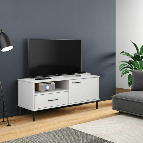 Meubles TV, Hi-Fi Vidaxl vidaXL Meuble TV avec pieds en métal Blanc Bois de pin massif OSLO