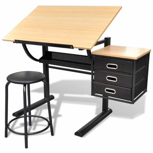 Bureau et table enfant Vidaxl vidaXL Table à dessin inclinable à 3 tiroirs avec tabouret