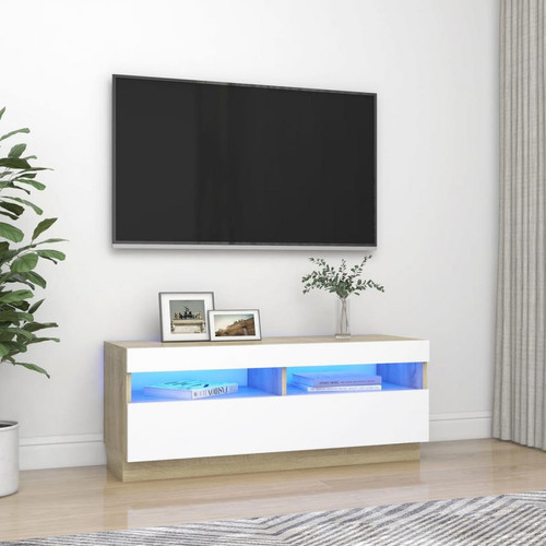 Vidaxl - vidaXL Meuble TV avec lumières LED Blanc et chêne sonoma 100x35x40 cm - Meuble TV Blanc Meubles TV, Hi-Fi