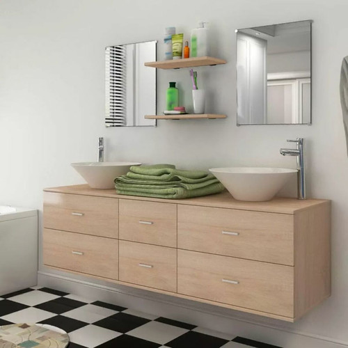 Vidaxl - Neuf pièces pour salle de bains avec lavabo et robinet beige - Beige - Meubles de salle de bain Beige