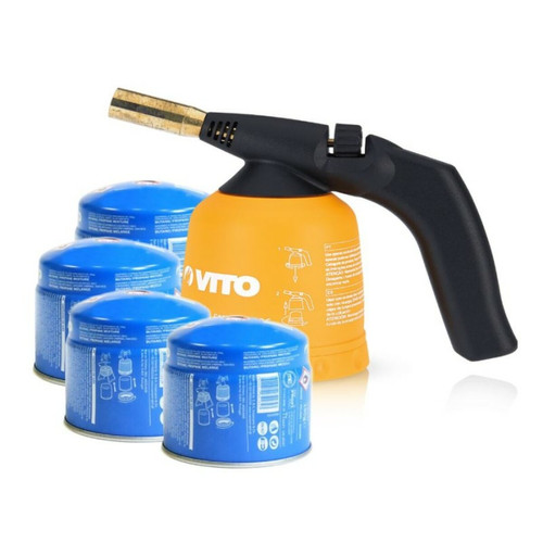 Vito - Lampe à souder VITO Allumage piezo coque ABS +  4 Cartouches gaz 190gr Sécurité stop gaz Vito   - Lampe gaz