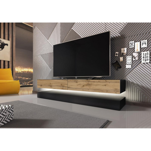 Vivaldi - VIVALDI Meuble TV - FLY - 140 cm - noir mat/chêne wotan avec LED - style moderne - Meubles TV, Hi-Fi Design