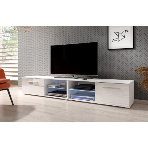 Meubles TV, Hi-Fi Vivaldi VIVALDI Meuble TV - MOON 2 DOUBLE - 200 cm - blanc mat / blanc brillant  - avec LED - style moderne
