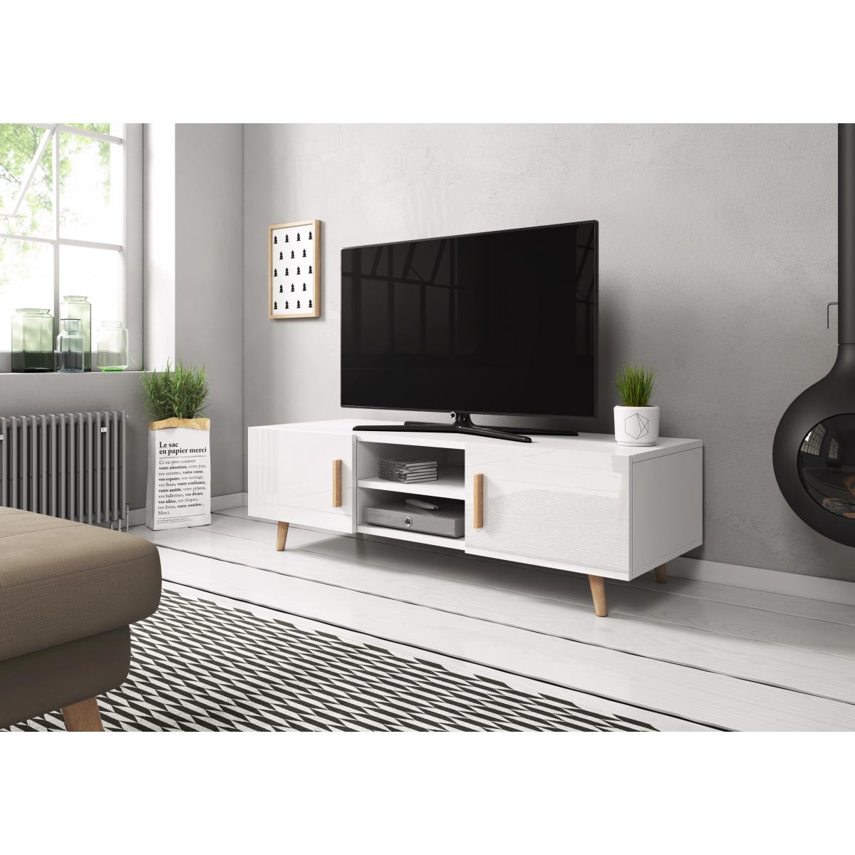 Meubles TV, Hi-Fi Vivaldi VIVALDI Meuble TV - SWEDEN 2 - 140 cm - blanc mat / blanc brillant - style scandinave