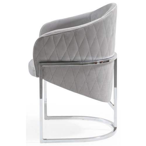 Vivenla Chaise de salle à manger design avec capitonnage à l'arrière revêtement en velours gris clair et piètement en acier inoxydable argenté collection SENECA