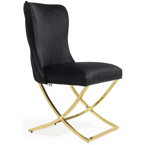Vivenla Lot de 2 chaises de salle à manger design avec capitonnage à l'arrière revêtement en velours noir et piètement croisé en acier inoxydable doré collection KELVIN