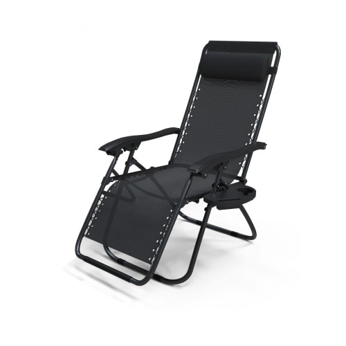 Vounot - Chaise Longue inclinable en textilene avec porte gobelet et portable Noir Lot de 1 - Transats, chaises longues