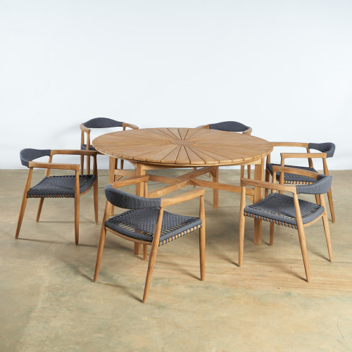 Wanda Collection - Ensemble table ronde en teck et 6 fauteuils en teck et corde Wanda Collection  - Ensembles tables et chaises Ronde