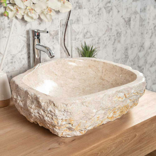 Vasque Wanda Collection Grande vasque de salle de bain à poser Roc en marbre crème 45-55 cm