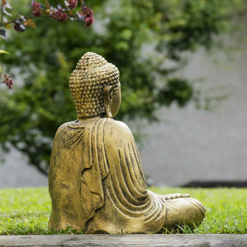 Petite déco d'exterieur Statue bouddha assis position offrande doré 42 cm