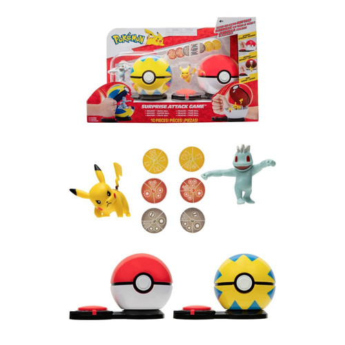 Voiture de collection miniature Warner Bros Bandai - Pokémon - Poké Ball attaque surprise - Jeu combat - 2 Poké Balls avec leur Pokémon et 6 disques d'attaques - Pikachu et Machoc - JW2721