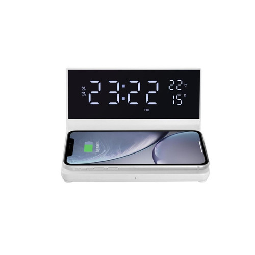 We Réveil avec chargeur induction à 15W max, double alarme, lumiosité réglable, 1 port USB pour la charge, affichage l'heure, la tempétarure intérieure et la date