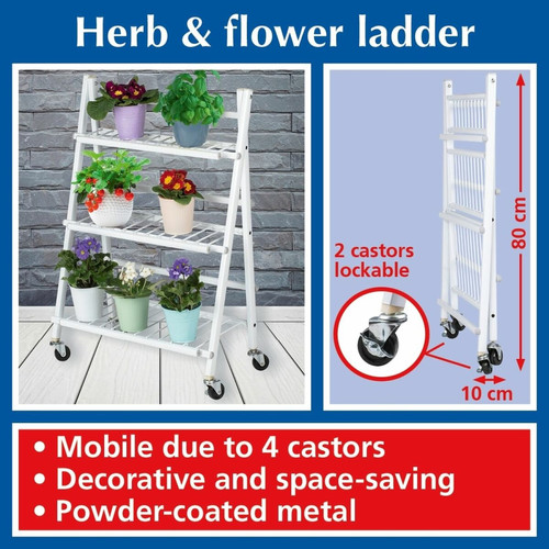 Chariots de ramassage Escalier pliables pour fleurs et plantes avec 4 roues - en métal - Blanc