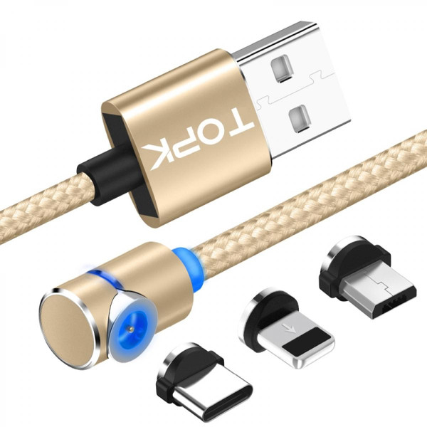 Câble Lightning Wewoo 1 m2,4 A USB max. vers iPhone Lightning iPhone 8 broches + câble de charge magnétique 90 coudes USB avec coude USB-C / Type C + indicateur LED or